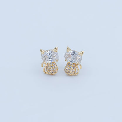 24K Gold Plated Micro Paved CZ Kitten Cat Stud Earrings Set in Gold &amp; Silver | AB222 AB223