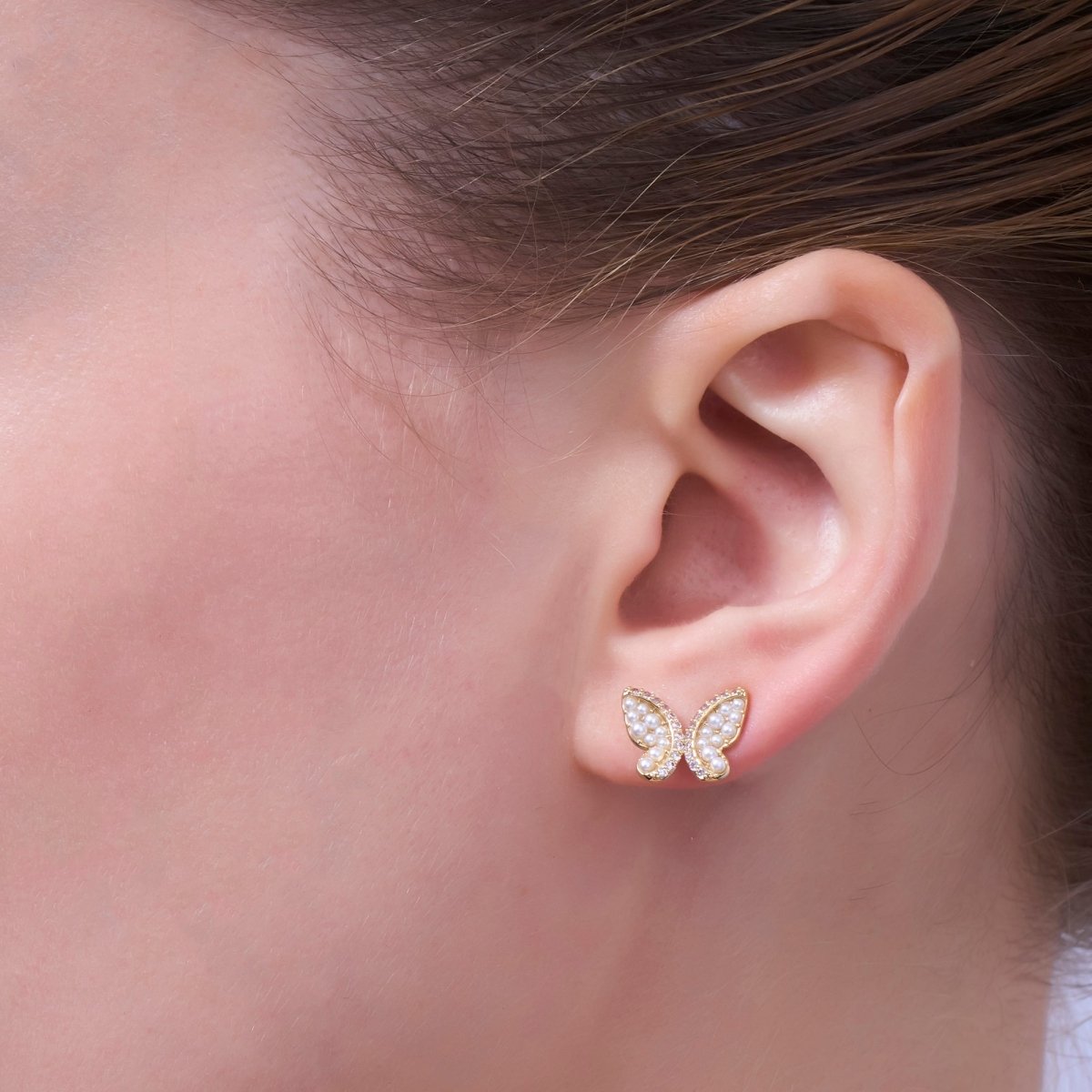 24K Gold Plated Micro Paved CZ Shell Pearl Butterfly Stud Earrings Set in Gold &amp; Silver | AB263 AB264