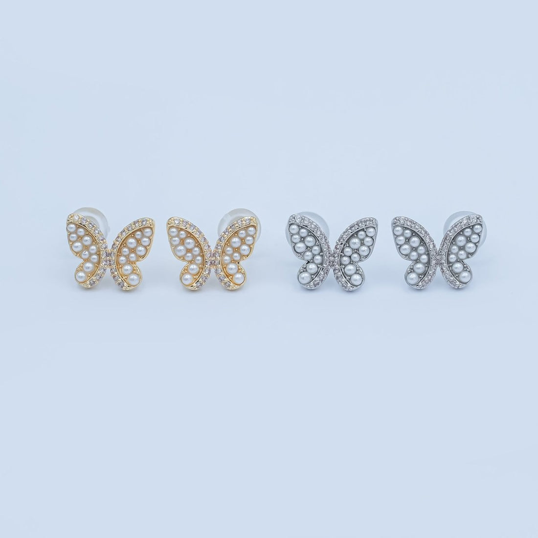 24K Gold Plated Micro Paved CZ Shell Pearl Butterfly Stud Earrings Set in Gold &amp; Silver | AB263 AB264