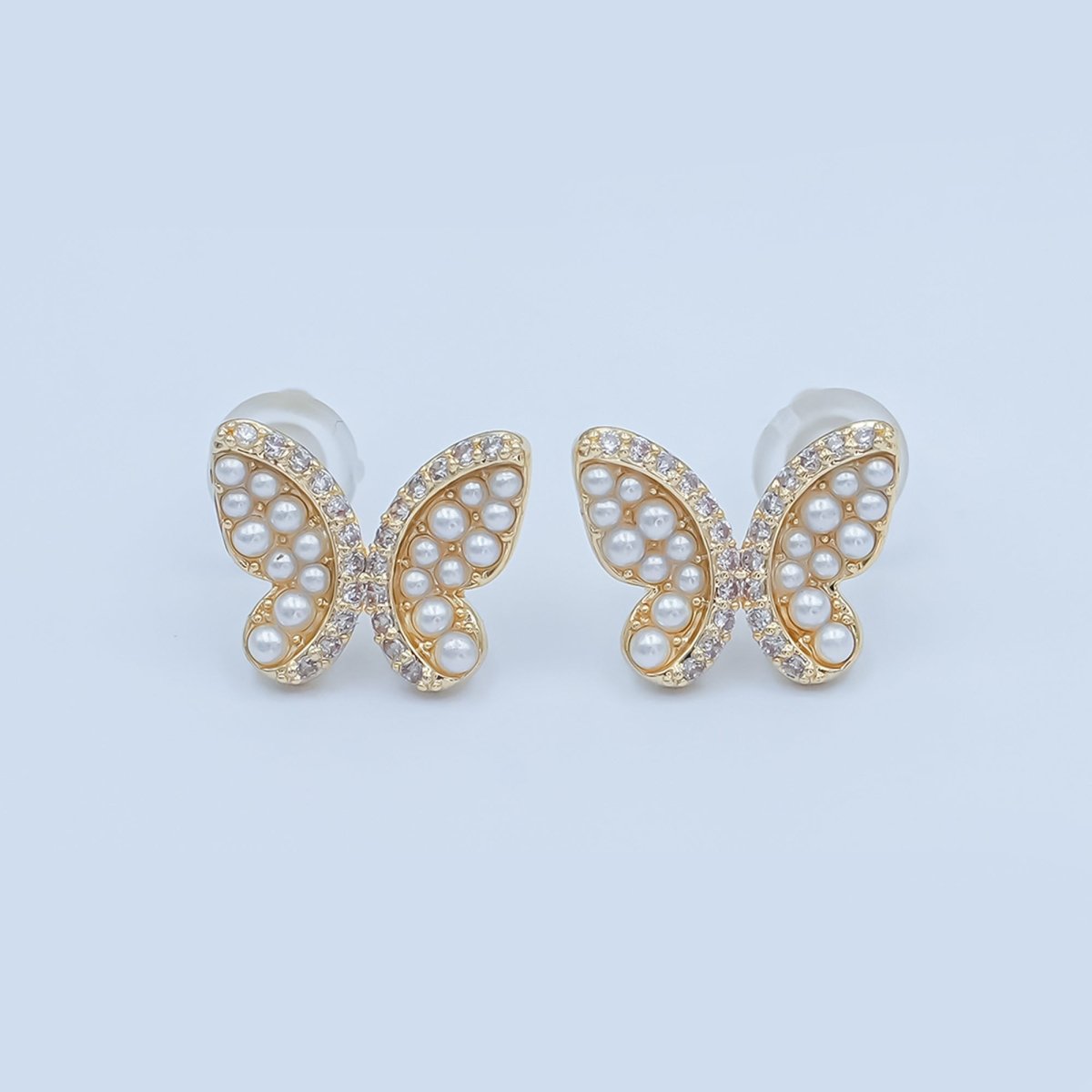 24K Gold Plated Micro Paved CZ Shell Pearl Butterfly Stud Earrings Set in Gold &amp; Silver | AB263 AB264