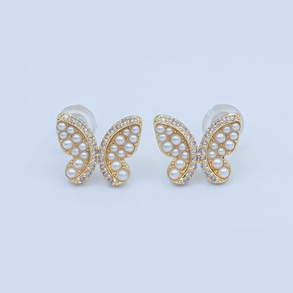 24K Gold Plated Micro Paved CZ Shell Pearl Butterfly Stud Earrings Set in Gold &amp; Silver | AB263 AB264