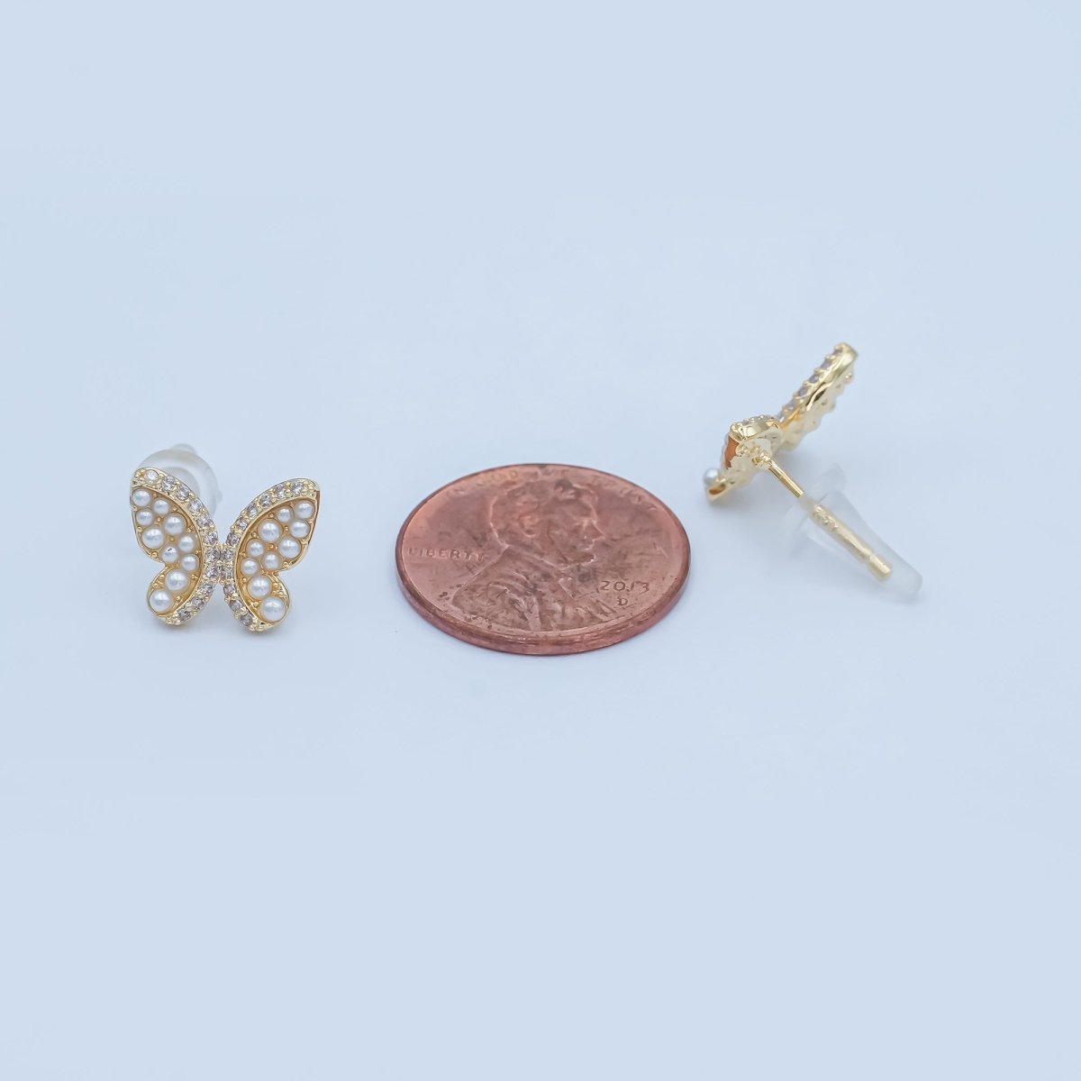 24K Gold Plated Micro Paved CZ Shell Pearl Butterfly Stud Earrings Set in Gold &amp; Silver | AB263 AB264