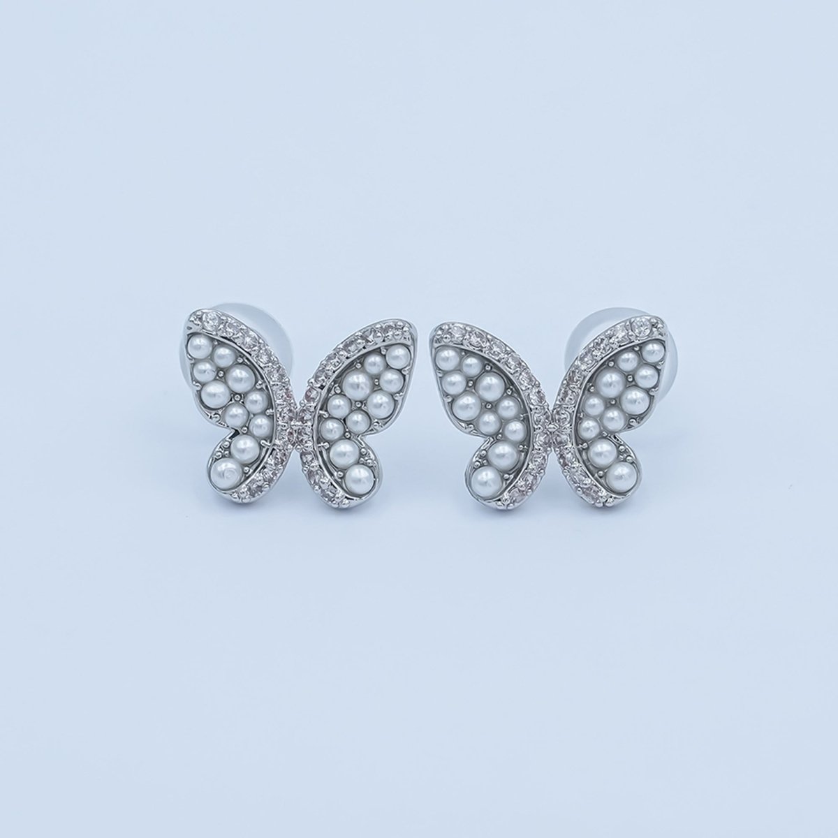 24K Gold Plated Micro Paved CZ Shell Pearl Butterfly Stud Earrings Set in Gold &amp; Silver | AB263 AB264