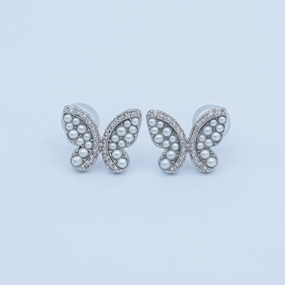 24K Gold Plated Micro Paved CZ Shell Pearl Butterfly Stud Earrings Set in Gold &amp; Silver | AB263 AB264