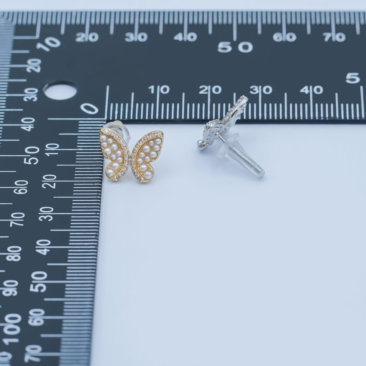 24K Gold Plated Micro Paved CZ Shell Pearl Butterfly Stud Earrings Set in Gold &amp; Silver | AB263 AB264