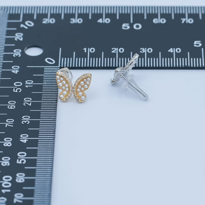 24K Gold Plated Micro Paved CZ Shell Pearl Butterfly Stud Earrings Set in Gold &amp; Silver | AB263 AB264