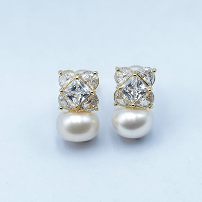 24K Gold Plated Shell Pearl CZ Geometric Stud Earrings in Gold &amp; Silver | AB255 AB256