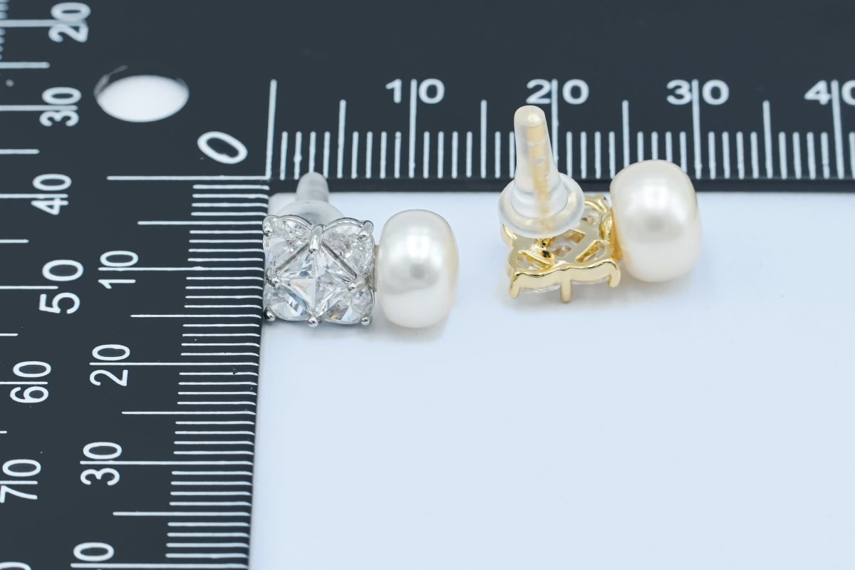 24K Gold Plated Shell Pearl CZ Geometric Stud Earrings in Gold &amp; Silver | AB255 AB256