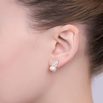 24K Gold Plated Shell Pearl CZ Geometric Stud Earrings in Gold &amp; Silver | AB255 AB256