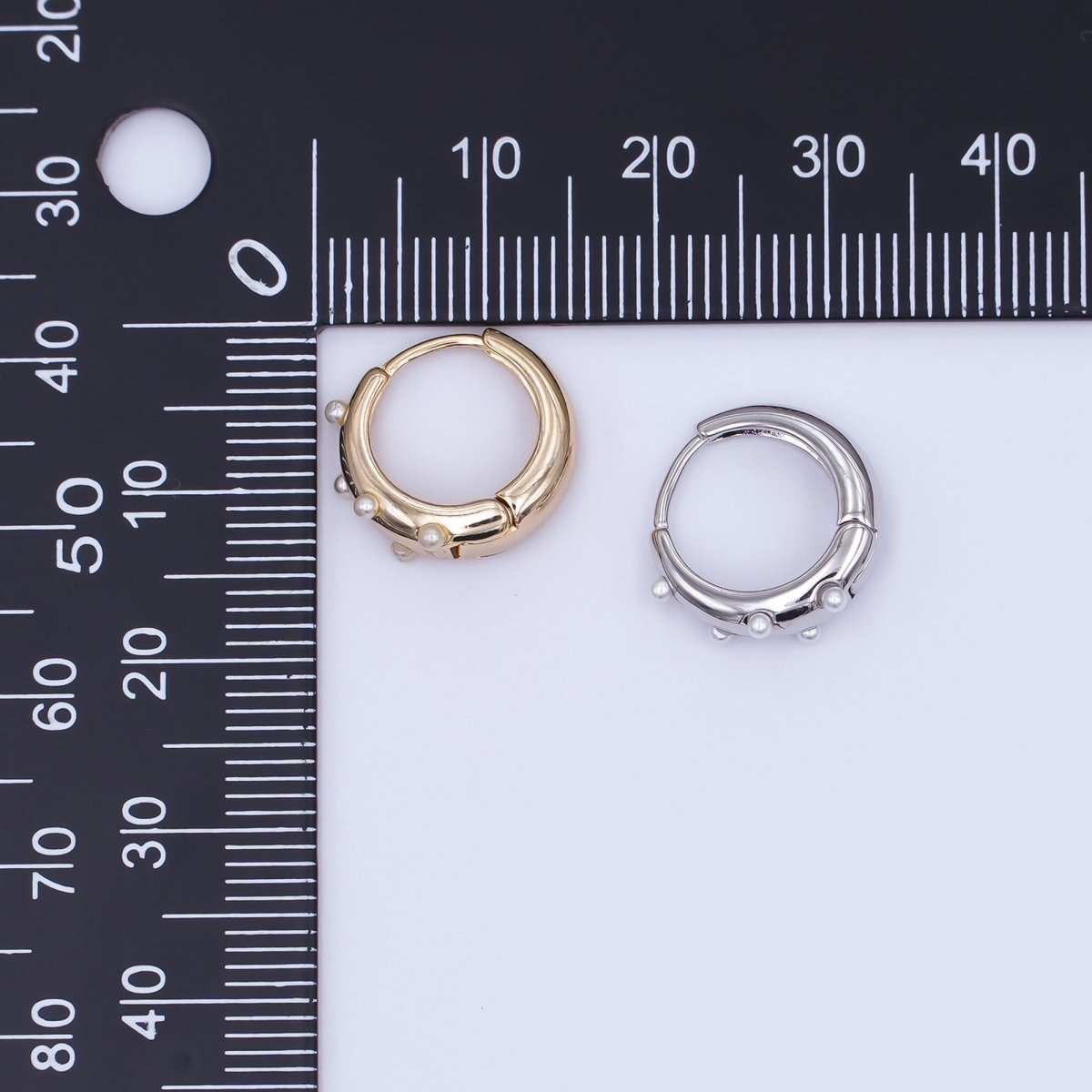 24K Gold Plated 14.5mm Shell Pearl Dotted Huggie Earrings in Gold &amp; Silver | AE423 AE628