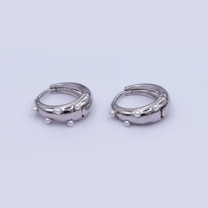 24K Gold Plated 14.5mm Shell Pearl Dotted Huggie Earrings in Gold &amp; Silver | AE423 AE628