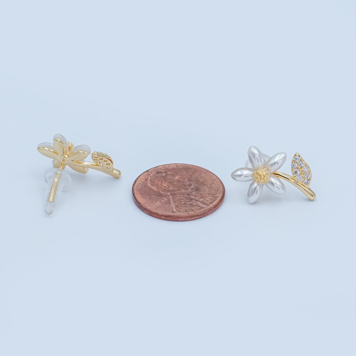 24K Gold Plated Shell Pearl Micro Paved CZ Flower Stud Earrings in Gold &amp; Silver | AB201 AB202
