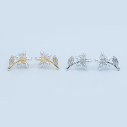 24K Gold Plated Shell Pearl Micro Paved CZ Flower Stud Earrings in Gold &amp; Silver | AB201 AB202