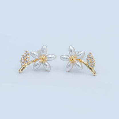 24K Gold Plated Shell Pearl Micro Paved CZ Flower Stud Earrings in Gold &amp; Silver | AB201 AB202