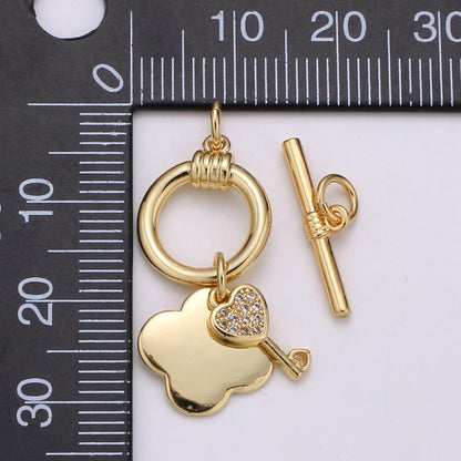 24K Gold Toggle Clasp with Love Key CZ Crystal and Shamrock Clover Toggle Clasp  L-069 L-070