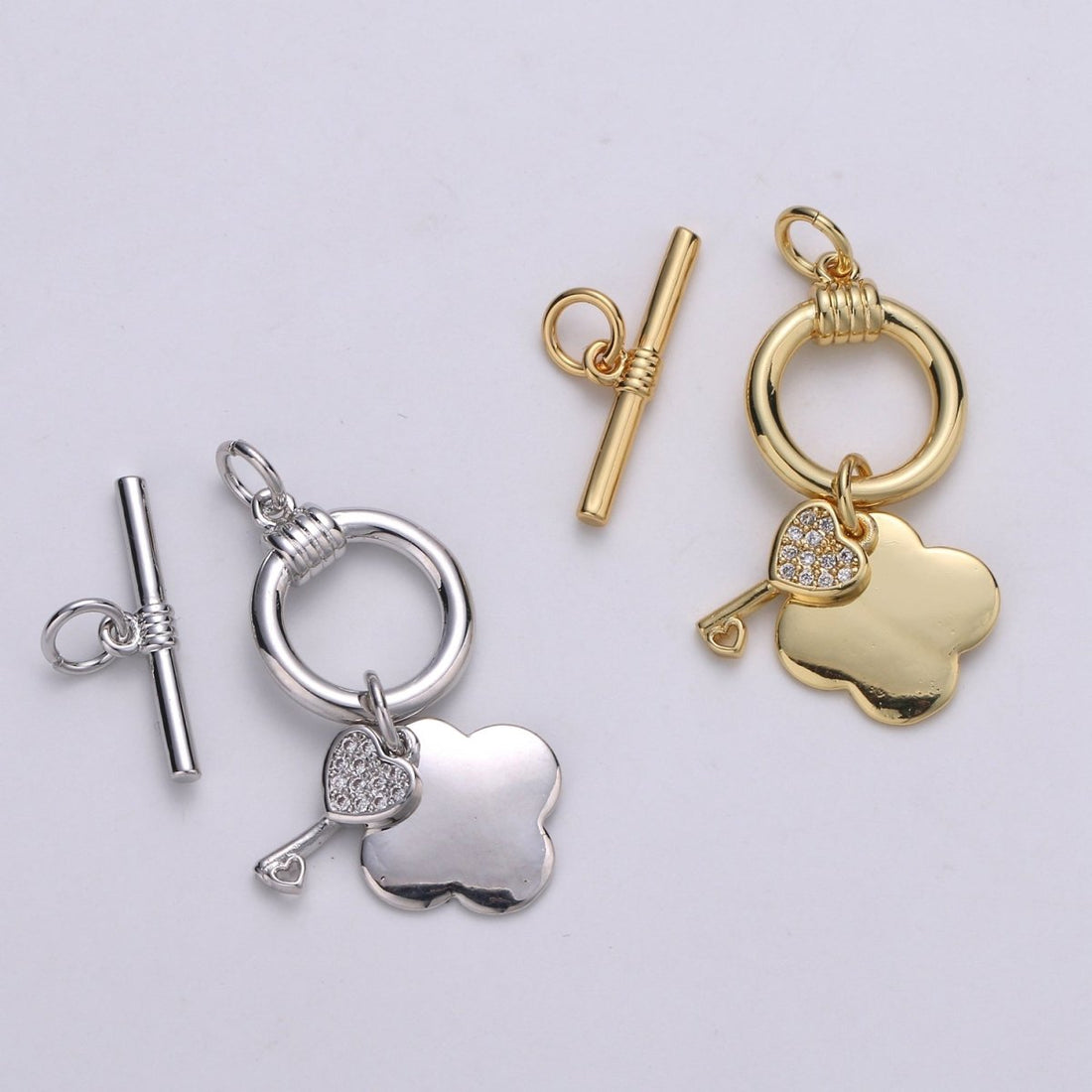24K Gold Toggle Clasp with Love Key CZ Crystal and Shamrock Clover Toggle Clasp  L-069 L-070
