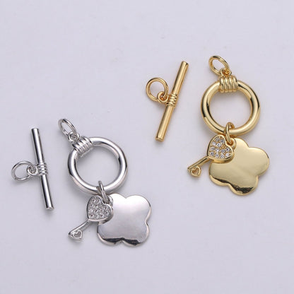 24K Gold Toggle Clasp with Love Key CZ Crystal and Shamrock Clover Toggle Clasp  L-069 L-070