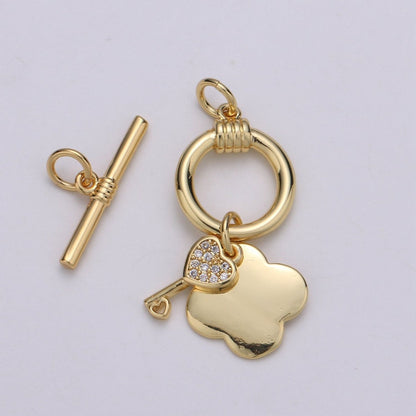 24K Gold Toggle Clasp with Love Key CZ Crystal and Shamrock Clover Toggle Clasp  L-069 L-070