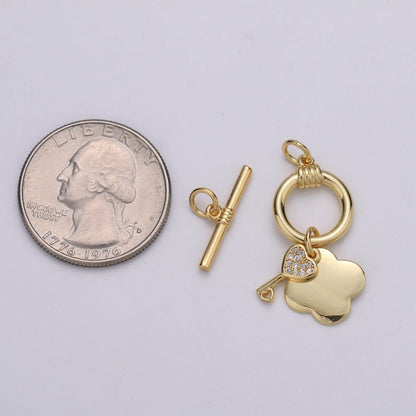 24K Gold Toggle Clasp with Love Key CZ Crystal and Shamrock Clover Toggle Clasp  L-069 L-070