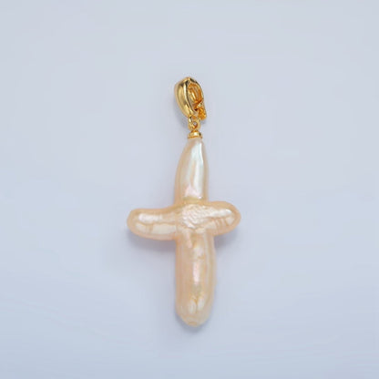 24K Gold Filled White Freshwater Pearl Religious Cross Pendant | P1762