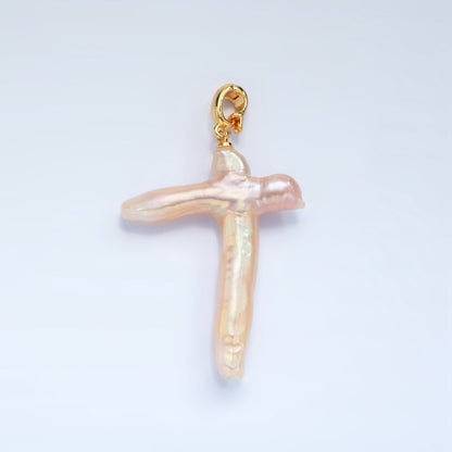 24K Gold Filled White Freshwater Pearl Religious Cross Pendant | P1762