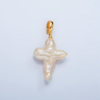 24K Gold Filled White Freshwater Pearl Religious Cross Pendant | P1762