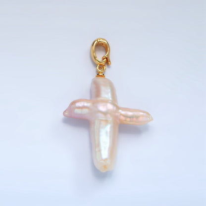 24K Gold Filled White Freshwater Pearl Religious Cross Pendant | P1762