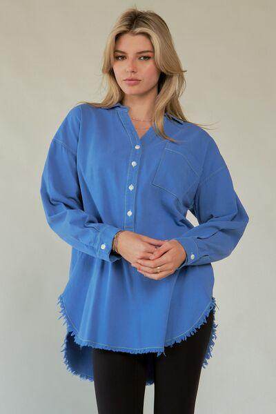 Davi &amp; Dani Letter Back Raw Hem Half Button Shirt Chic