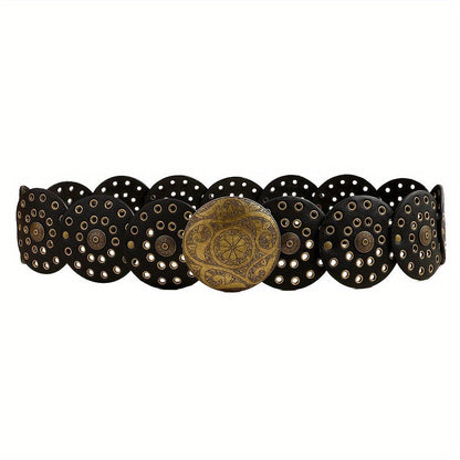 Disc Hook Leather Retro Rivet Alloy Belt Wide Belt