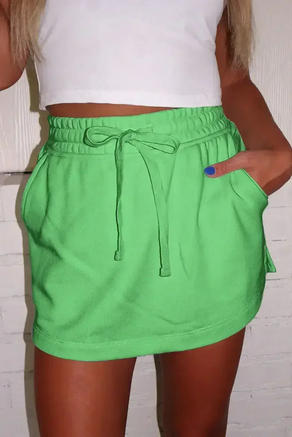 Black French Terry Drawstring Mini Skort with Pockets