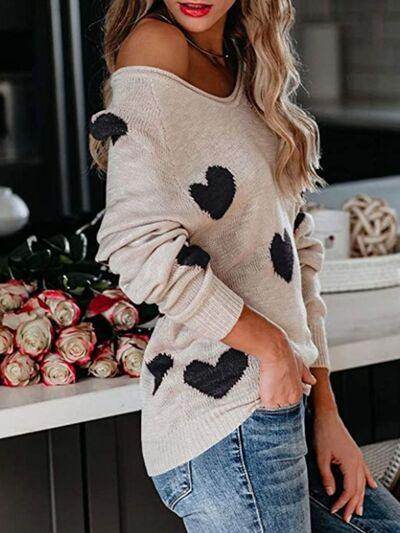 Heart Scoop Neck Long Sleeve Sweater for Women Cozy Style