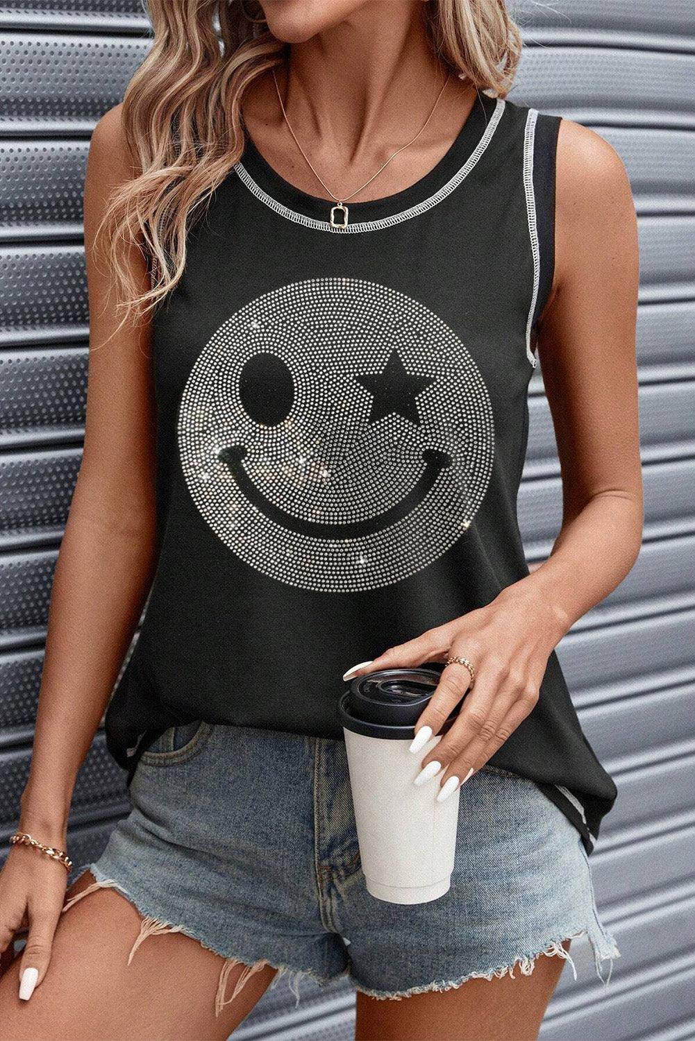Rhinestone Smile Face Round Neck Tank Top for Women