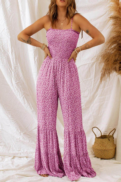 Smocked Printed Wide Strap Jumpsuit for Women Fashion