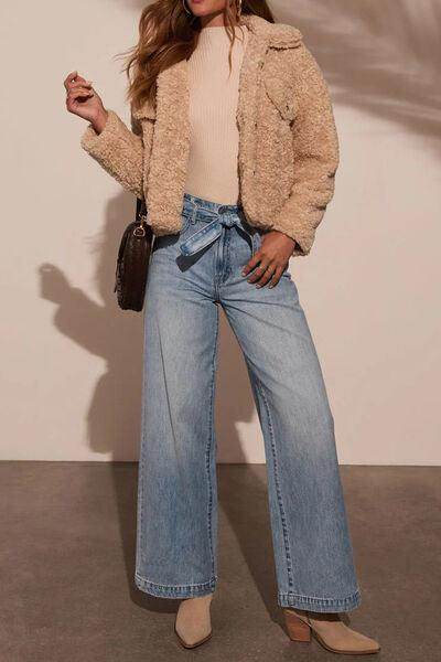 Tied Wide Leg Jeans with Pockets for Stylish Comfort