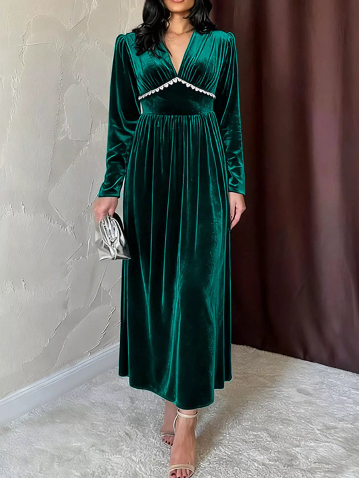 Velvet V-Neck Long Sleeve Maxi Dress