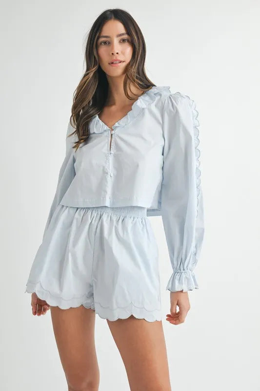 MABLE Long Sleeve Scallop Blouse and Shorts Set