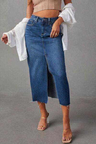 Slit Raw Hem Midi Denim Skirt for Effortless Style