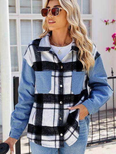 Pocketed Plaid Snap Down Denim Jacket for Stylish Wear