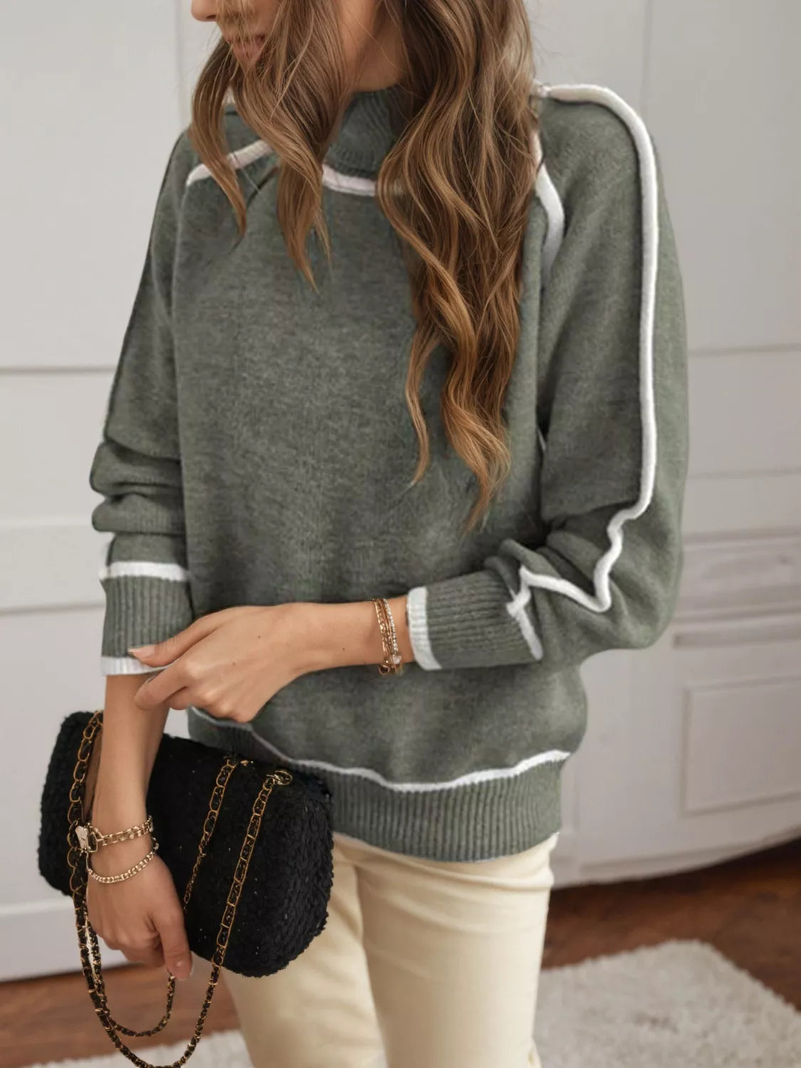 Full Size Turtleneck Contrast Trim Sweater Plus Size