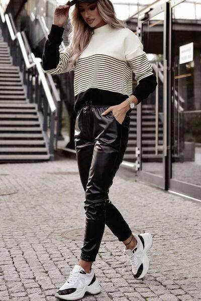 Striped Color Block Long Sleeve Knit Top for Women