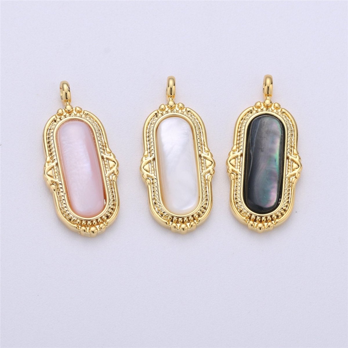 25x12mm Oval Charm, mother of pearl in  24k Gold Filled for Necklace Earring Component Pink White Black Pearl Charm, D-805, D-806