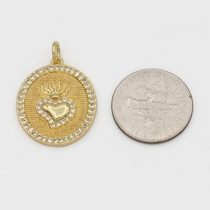 25x18mm 24k Gold Fill Milagro Heart charm, micro pave heart Coin Medallion Pendant E-276