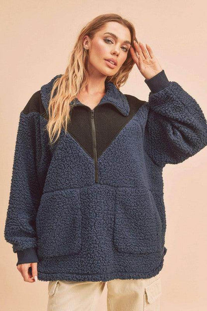 Aemi+Co Two Tone Half Zip Fleece Sweatshirt for Comfort