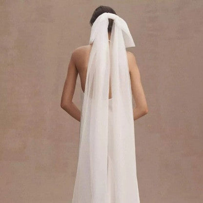New Minimalist White Double-layer Tulle Bridal Veil With A Bow