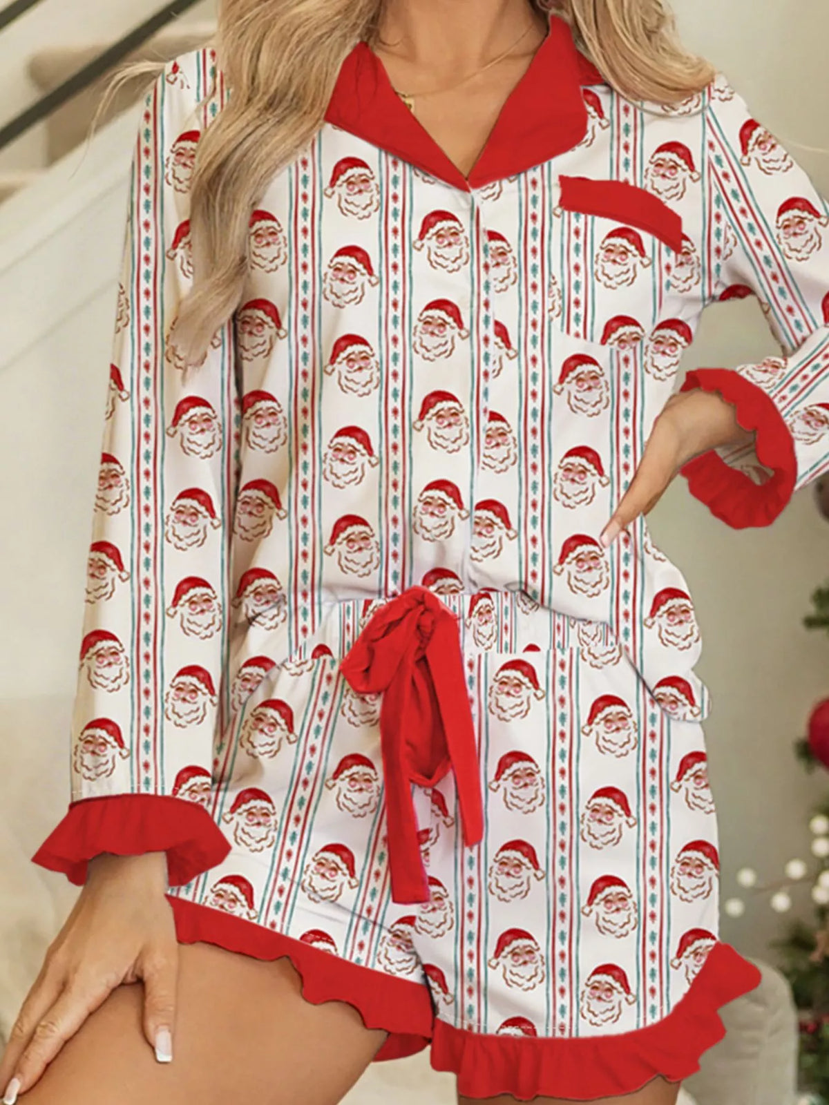 Christmas Santa &amp; Stripes Ruffle Top and Shorts Set
