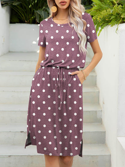 Round Neck Short Sleeve Slit Dress with Pockets for Women