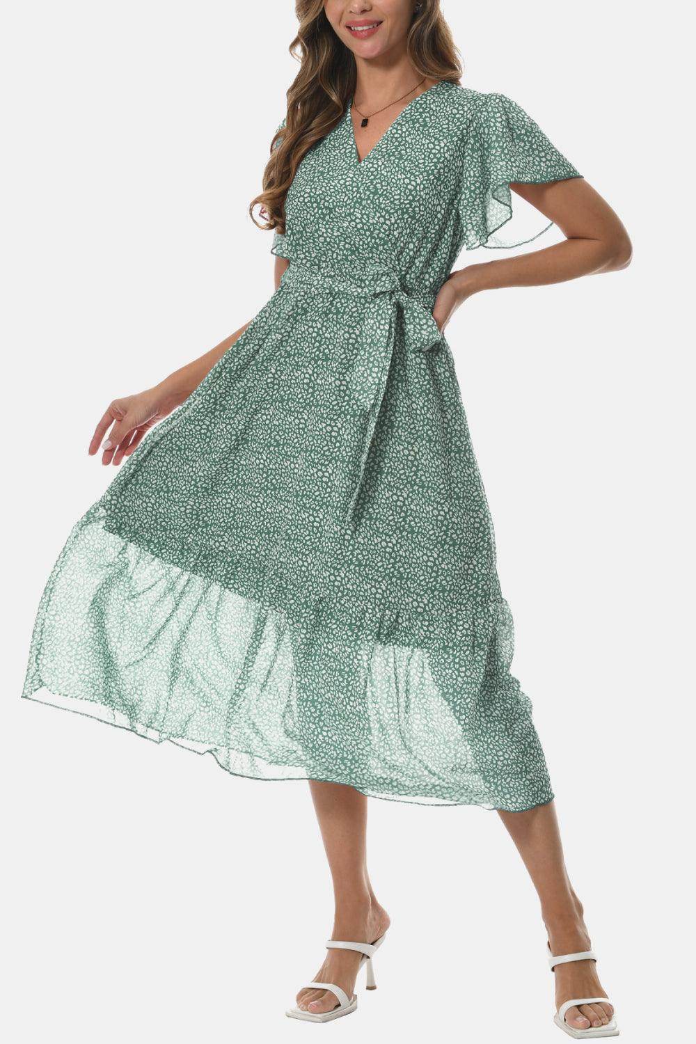Surplice Neck Flutter Sleeve Tied Dress for Chic Style