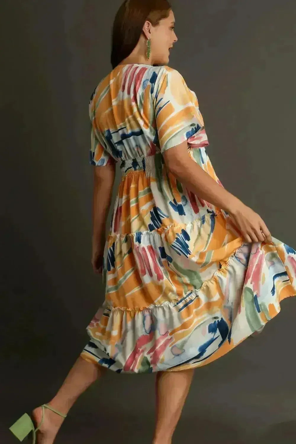 Umgee Abstract Print Midi Dress – Flutter Sleeves &amp; Tiered Frill Detail