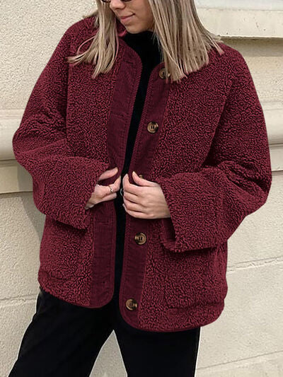 Modern Cozy Women Luxuriously Cozy Contrast Button Up Sherpa Jacket with Pockets For Fall &amp; Winter