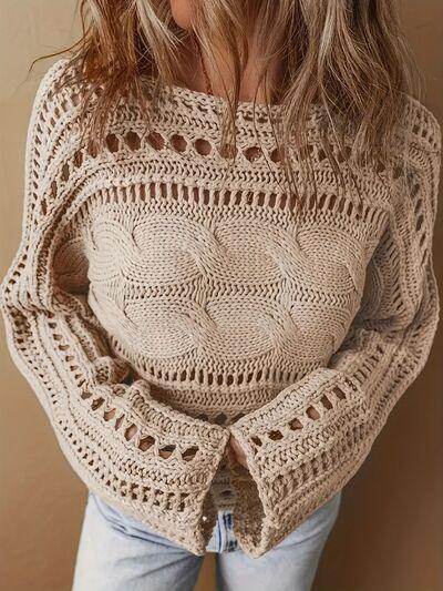 Hollow Out Cable-Knit Boat Neck Sweater for Women